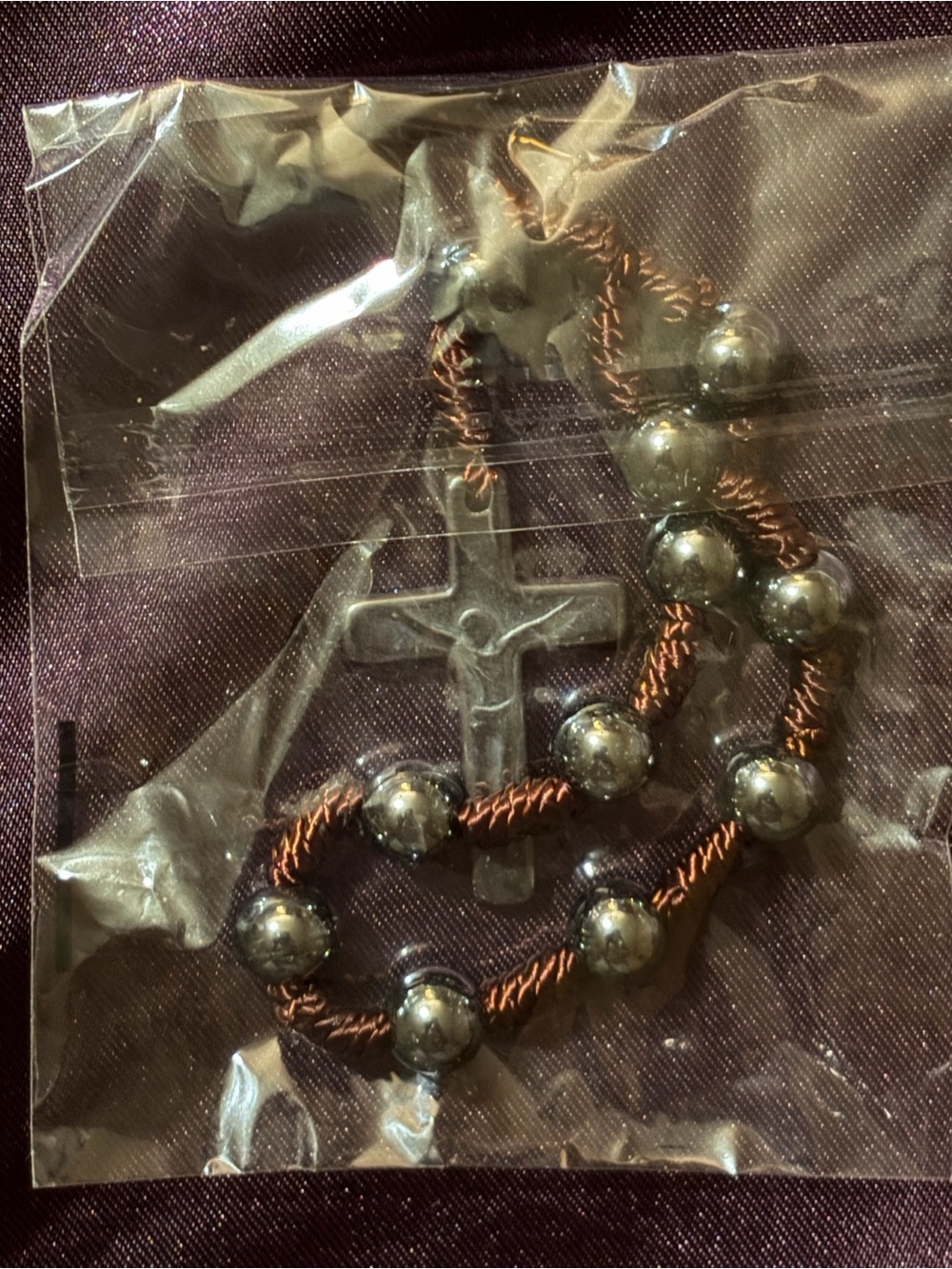 Obsidian Beaded Rosary Bracelet with Silver-tone Cross
